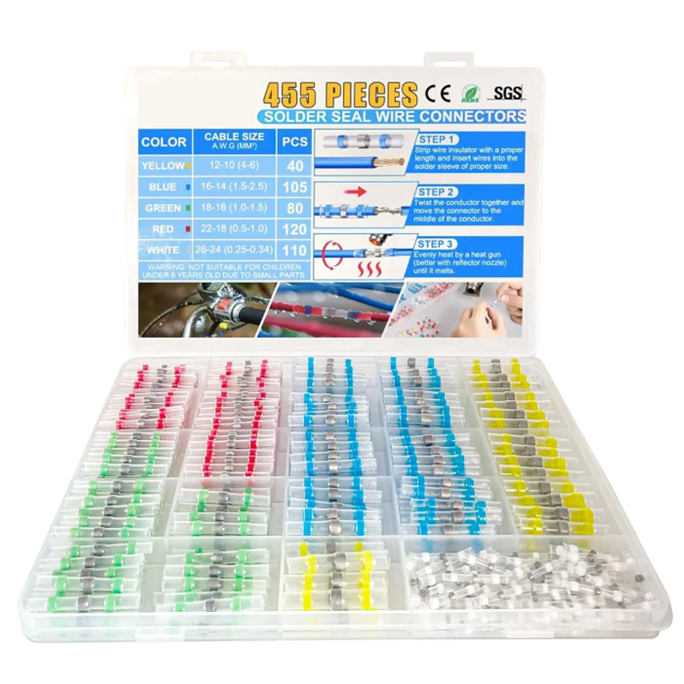 455 PCS Heat Shrink Self Soldering Butt Connector, Solder Seal Wire Connectors Kit, Waterproof Heavy Wire Solder Stick Splice Connector for Marine Electrical Automotive (5 Colors/5 Sizes/ 26-10 Gauge)