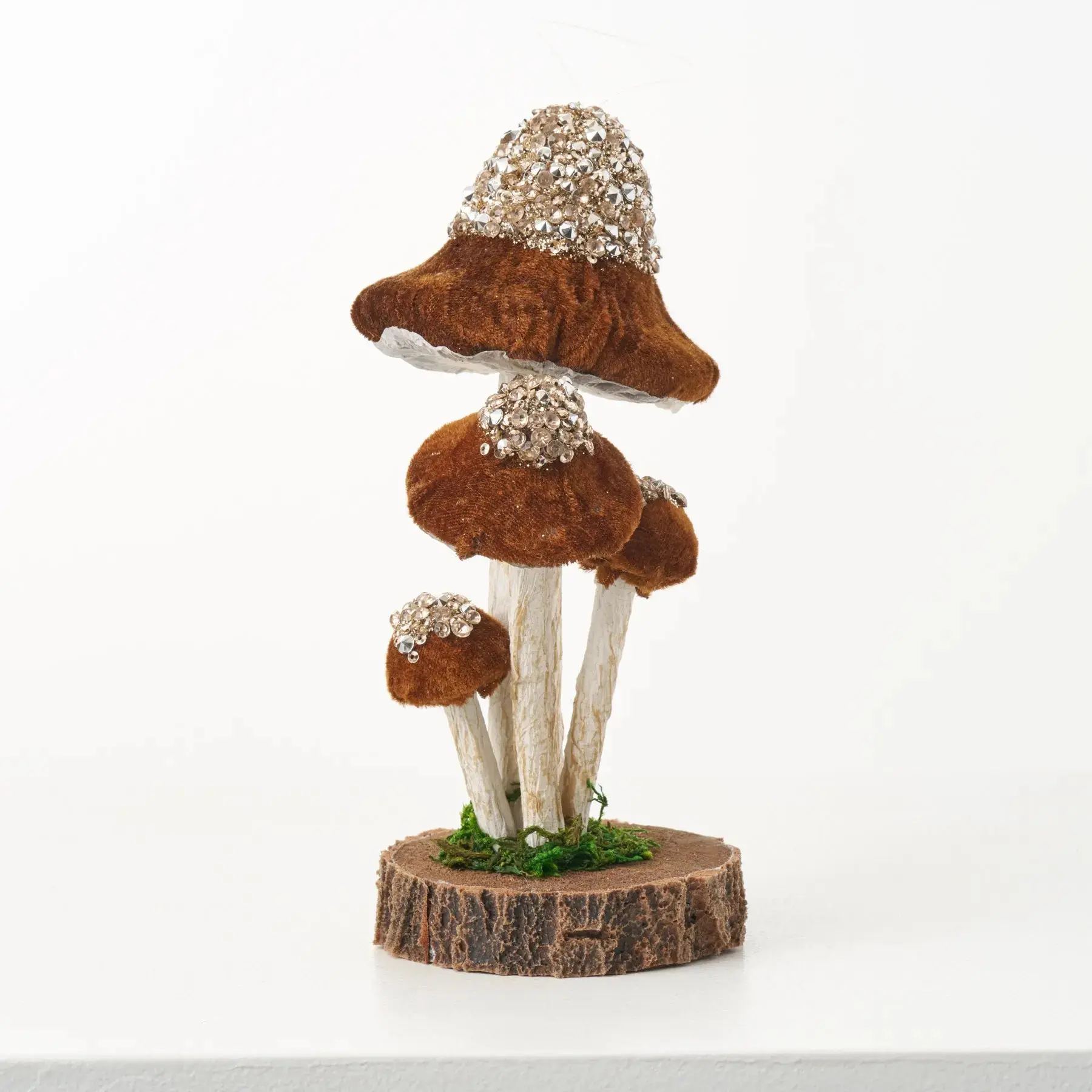 Whimsical 3D Art Hanging Foam Mushroom Wall Ornaments - Glitter, Sequin, Moss-Adorned Plastic Round Faux Wood Disks, 3.75" d x 8" h Holiday Decoration for Indoors Home Hanging Decor