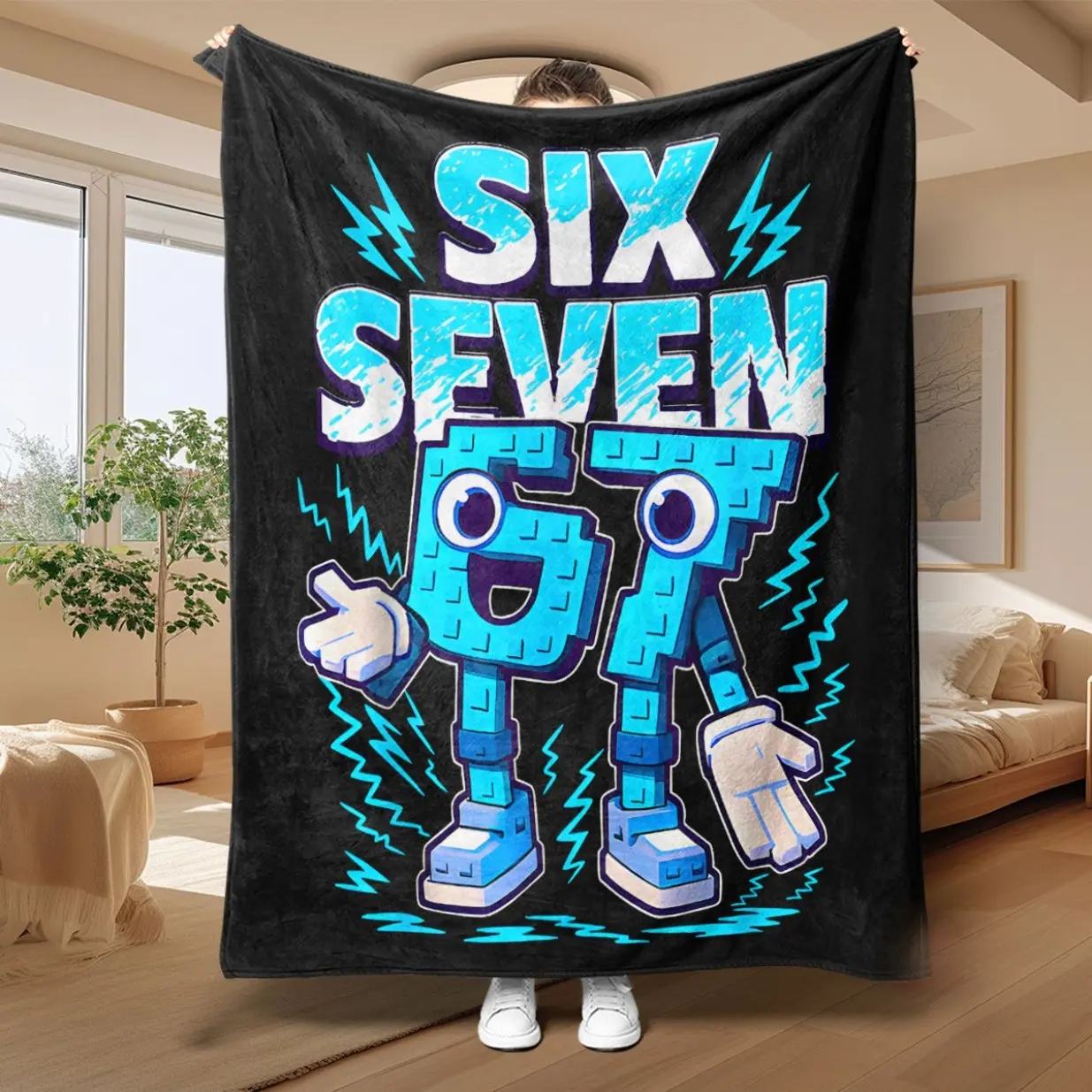 1pc Traditional 100% Polyester Flannel Blanket - Blue-Black Color Block, 67 Number Robot Print, Multi-Size, Soft, Lightweight, Warm, Breathable, Durable, Wrinkle Resistant, Machine Wash, for Adults' Home Sofa & Bed