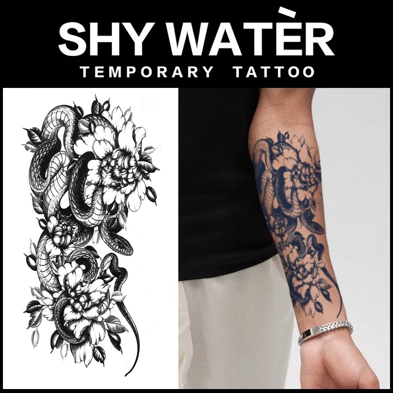 2PCS Vintage Black Realistic Coiled Snake & Peony Floral Large Forearm Sleeve Temporary Tattoo Sticker Set, Long-Lasting Waterproof Semi-Permanent Fake Body Art for All Skin, Ideal for Beach, Vacation Parties