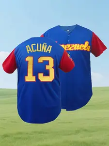 Men's Letter & Figure Patched Button Front Baseball Jersey,Venezuela 13 Stitched,Casual Loose Short Sleeve V-Neck, Baseball Christmas Gifts, Men's Sportswear for Training & Competition, Workout Tops, Athletic Tops, Baseball Shirt