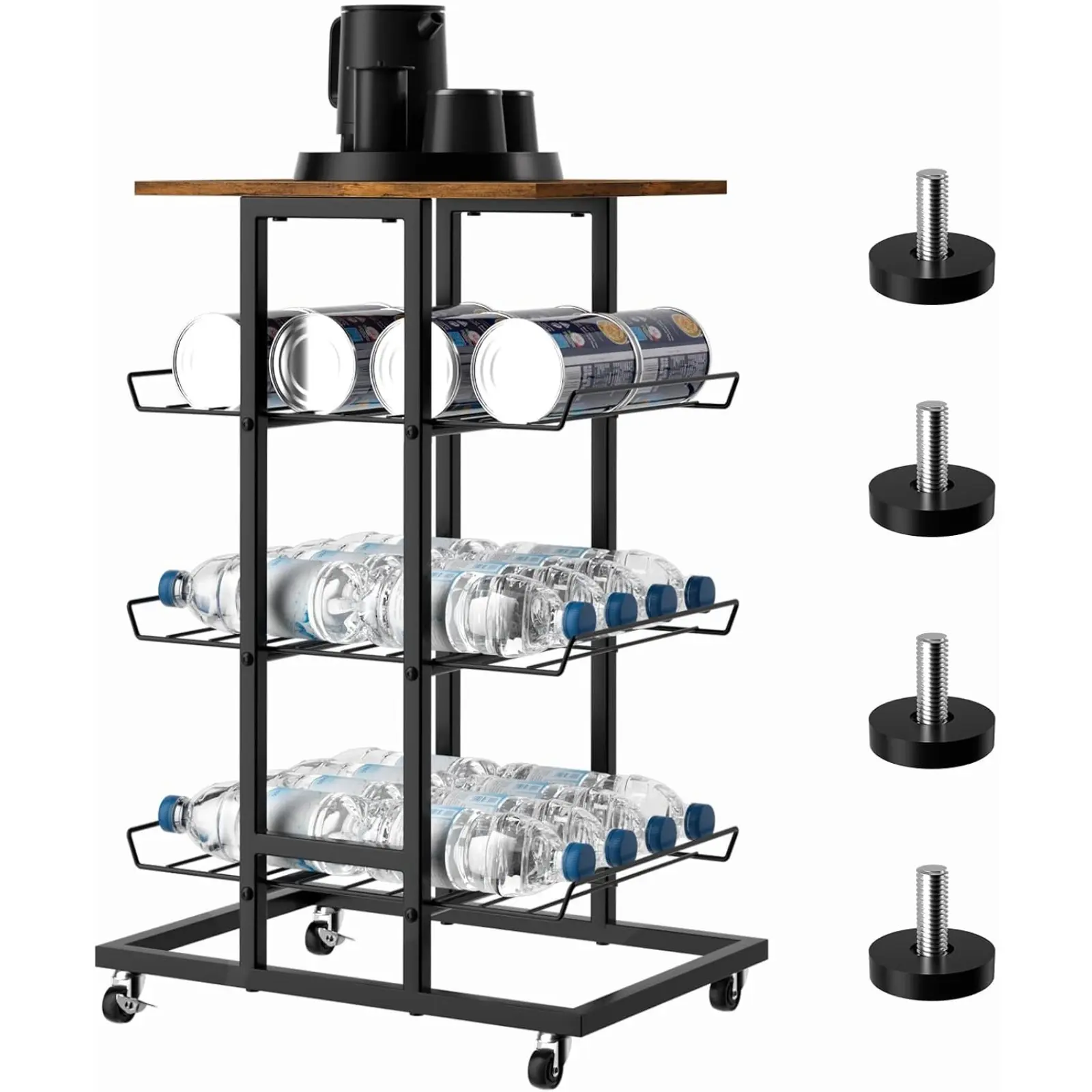 Water Bottle Organizer, 4 Tier Bottled Water Storage Rack with Wheels, Water Bottle Stand Drink Holder, Metal Beverage Rack Soda Can Storage Shelf Organizer, for Pantry Kitchen Home Office Party