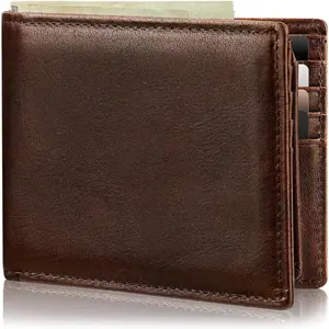 Mens Wallet Genuine Leather Bifold RFID Blocking Wallet for Men with 2 ID Windows 12 Card Holders 2 cash pockets 1 Gift Box
