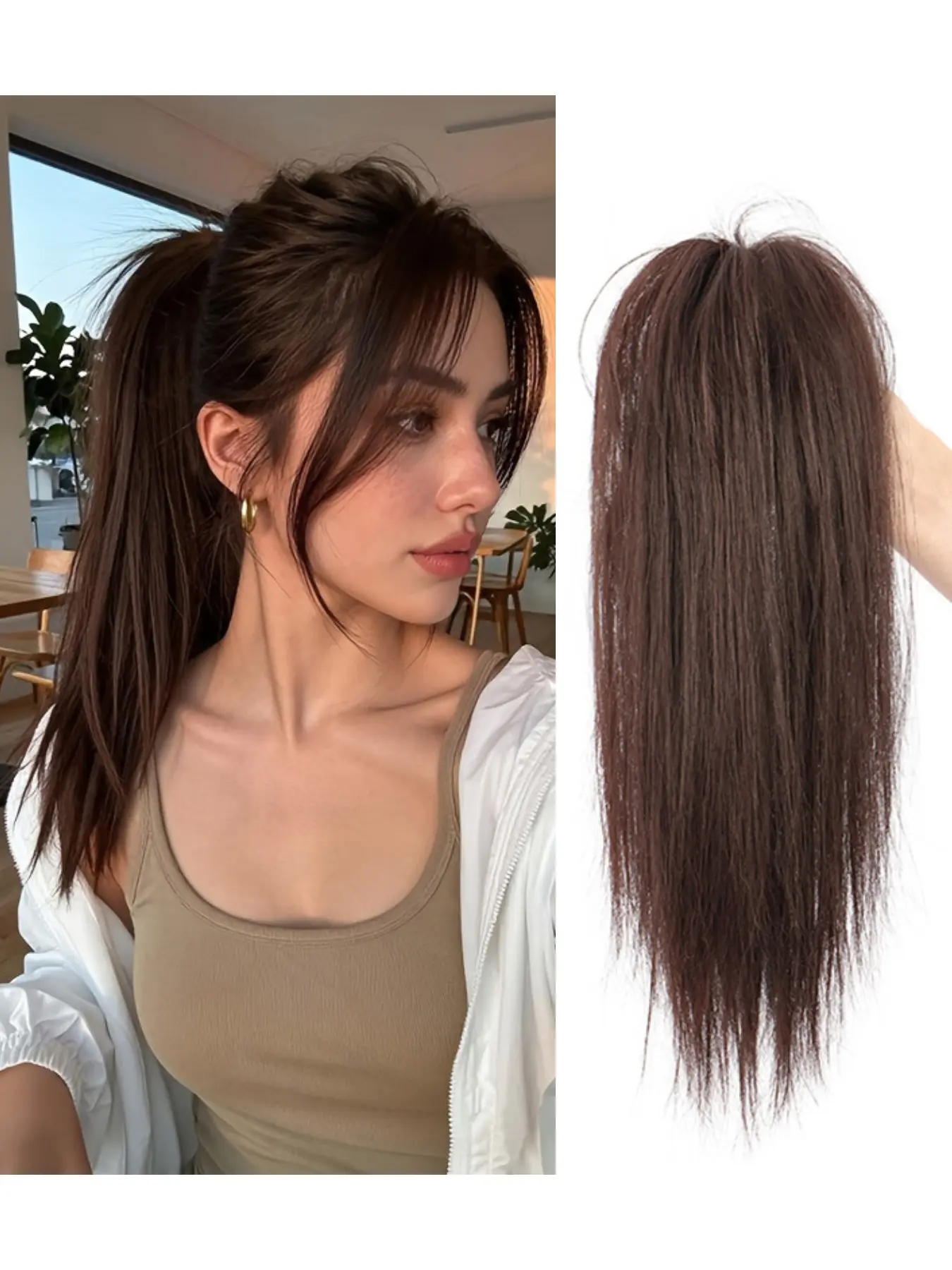 Women's Medium-Length Half-Up Straight Ponytail Synthetic Fiber Wig, Synthetic Ponytails, Sweet Clip-On High Ponytail, Clip In, Realistic Hair Chicken Coop Headpiece