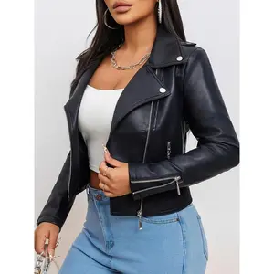 Women's Fashion Faux Leather Jacket 2024, Slim Fit PU Leather Biker Jacket, Solid Color, Long Sleeve, Zipper Front, Spring/Autumn Season, with Pockets, Commuter Style Fabric Womenswear Can be used with a raincoat