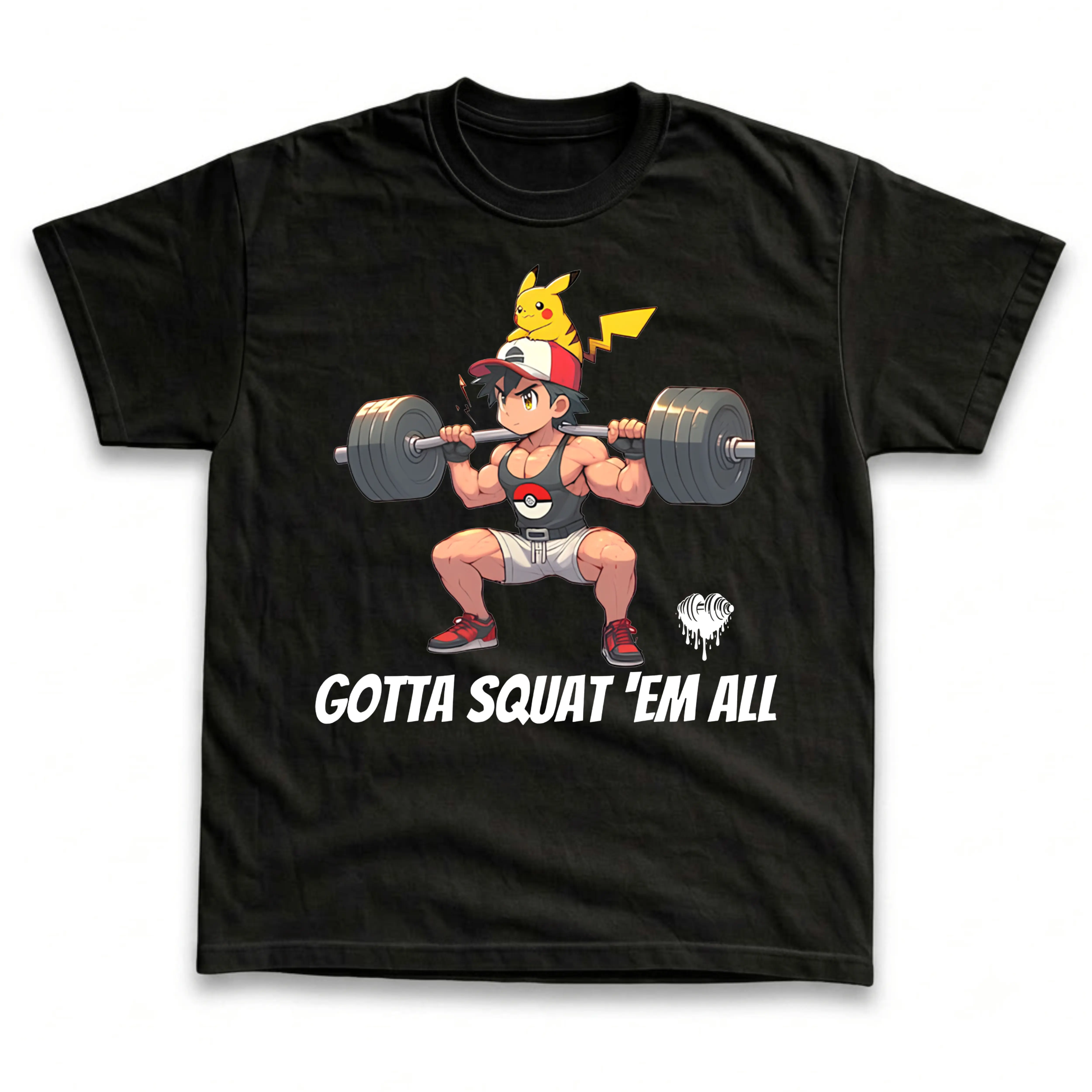Men's and Women's T-Shirts, Vintage Gotta Squat Em All Muscular Anime Trainer Barbell Graphic Tee, Funny Anime Fitness Workout Parody, Retro Harajuku Streetwear Unisex Tee, Trendy Casual Crewneck Top, Cool Gym Bodybuilding Apparel, Gamer Otaku Gift Idea