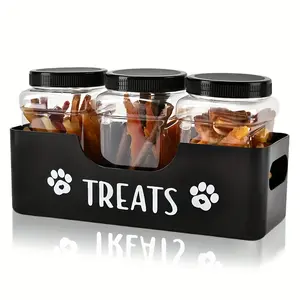A Set of Pet Treat Containers with 3 Airtight Plastic Jars - No Electricity Required, for Dog and Cat Food Storage - Durable Farmhouse-style Pet Treat Organizer, 1 Set