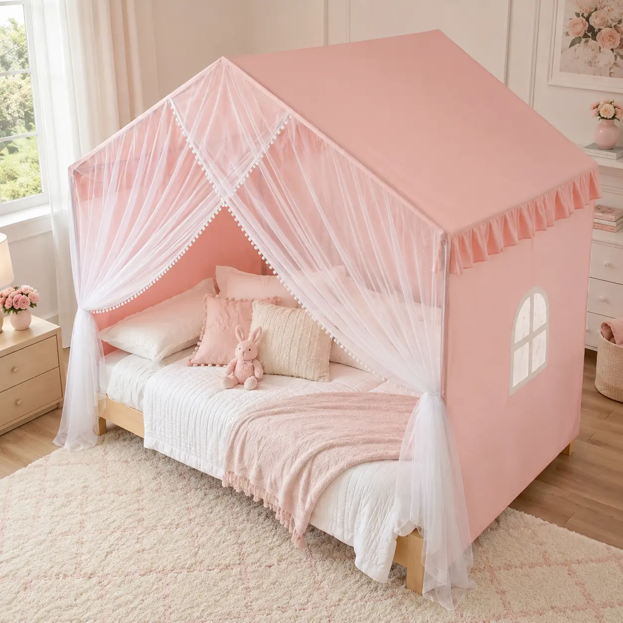 Pink Bed Canopy Mosquito Net, House-Shaped Canopy Tent with Sheer Curtains for Bedroom, Cozy Romantic Decor