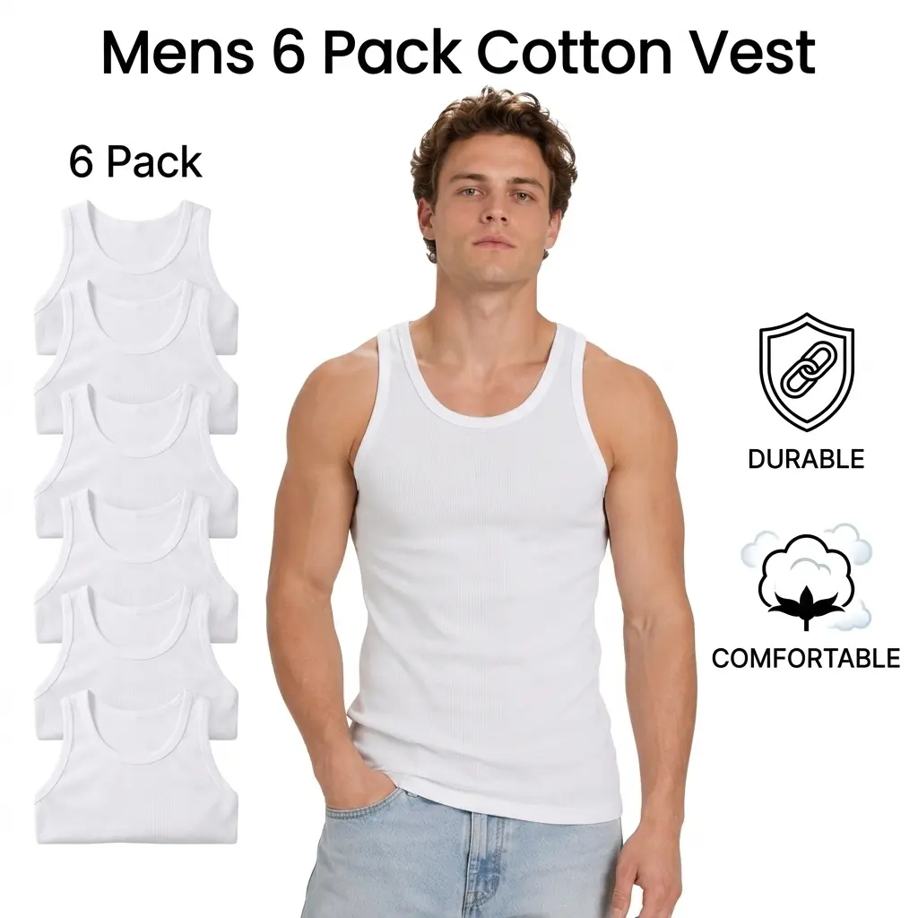 6 Pack Men’s White Tank Tops Undershirts – Soft Cotton Ribbed Sleeveless A-Shirts, Stretch Fit Gym & Everyday Basics, Sizes S–3XL