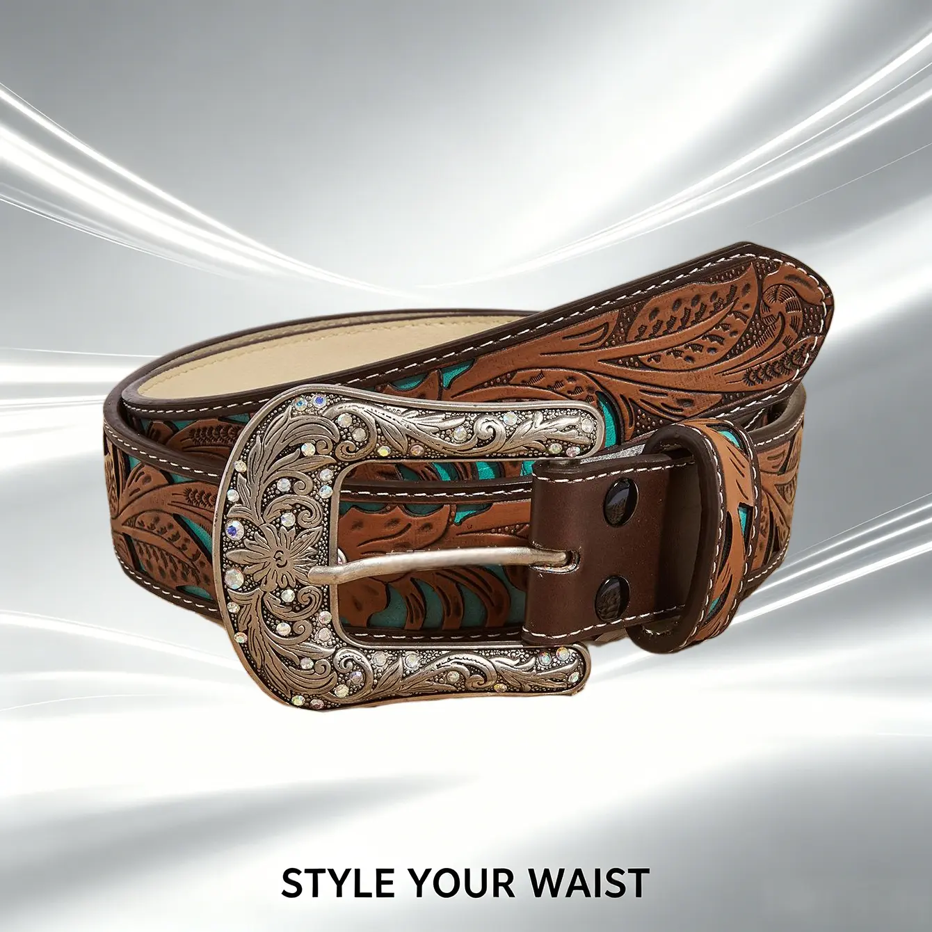 Men’s Western Tooled Leather Belt with Turquoise Inlay, Rhinestone Silver Buckle – Cowboy Belt for Rodeo, Country Style Gifting (Ideal for Dads), Belts