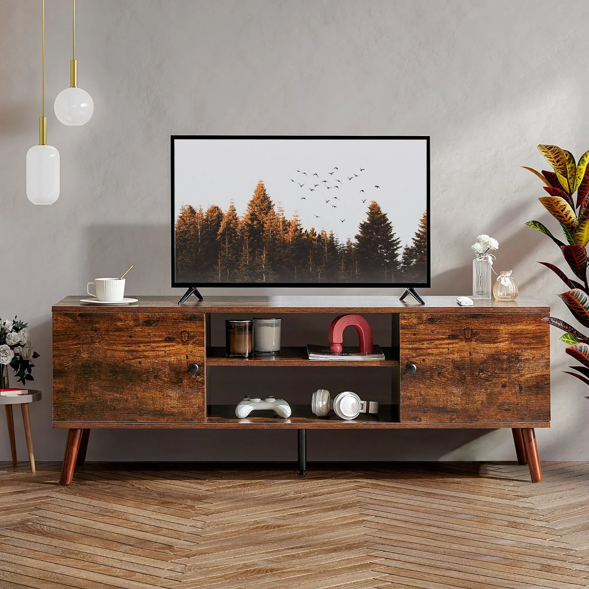 GIANNA Mid-Century Modern Wooden TV Stand for 55-60” TVs, 2 Storage Cabinets, Adjustable Shelf, Cable Management System, Sturdy Legs, Easy Assembly Indoor Furniture