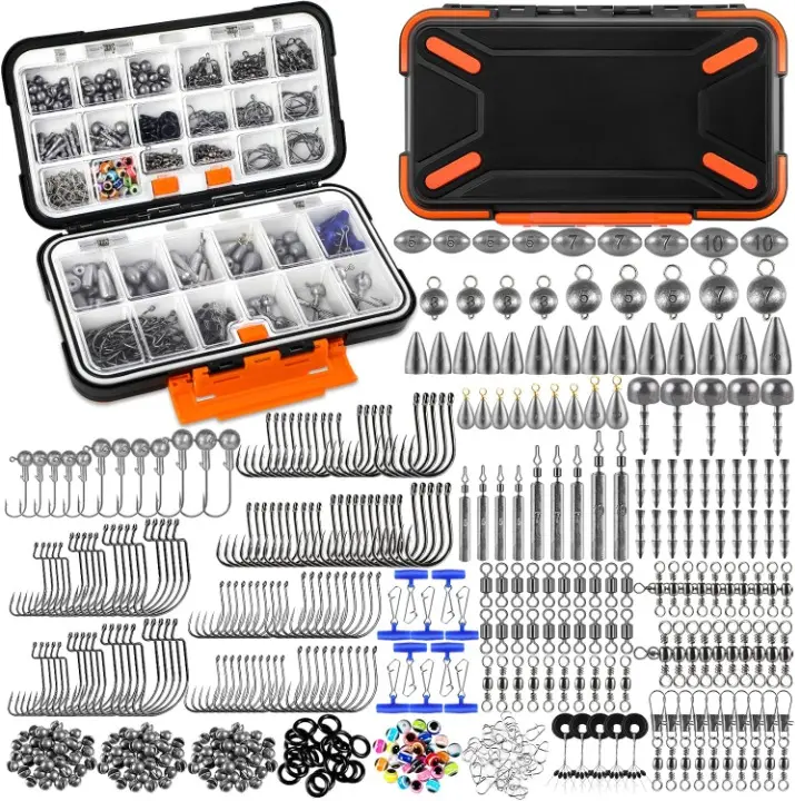397pcs Fishing Accessories Kit, Organized Fishing Tackle Box with Tackle Included, Fishing Hooks, Fishing Weights Sinkers, Swivels, Beads, Fishing Gear Set Equipment for Bass Trout