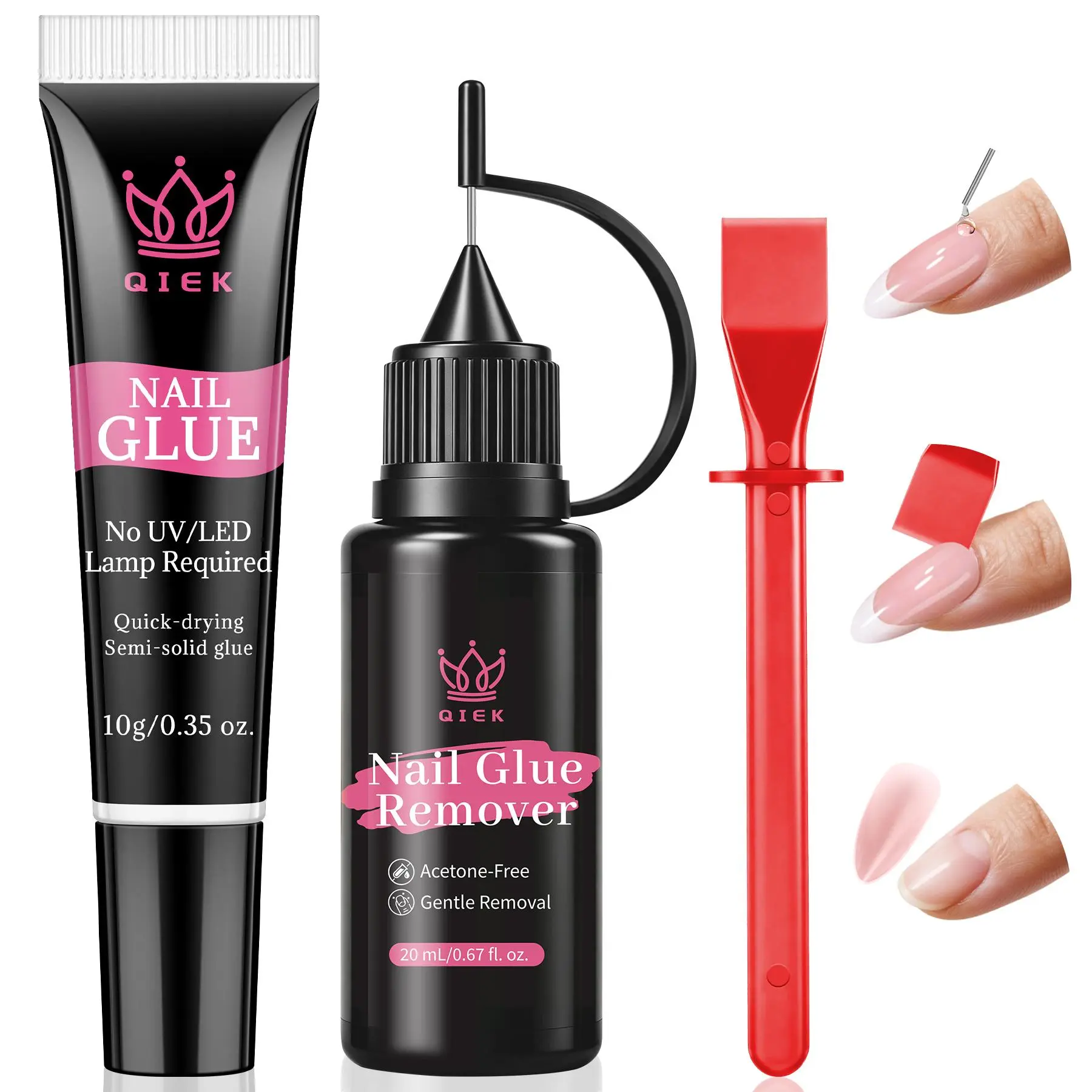 QIEK 10g Press on Nail Glue and 20ml Pinpoint Glue Remover Kit - No UV Lamp Needed Fast Drying Adhesive Tube for Nail Tips, Acrylic Fake Nail and Precise Solid Gel Glue Remover Acetone Free with Tool