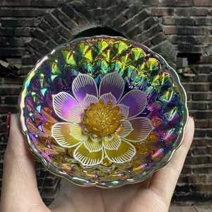Tea Bowl Artisan Porcelain - Iridescent Rainbow Enamel with 3D Golden Lotus Flower & Wavy Rim