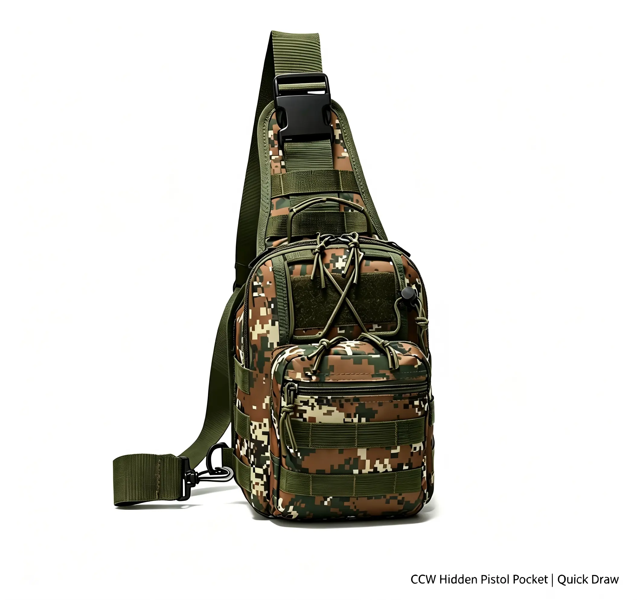CCW Concealed Carry Camo Tactical Sling Chest  for Men, MOLLE Military  Pack with Quick Draw Hidden Pistol Pocket, Quick Release Adjustable Strap, Water Resistant Multi Pocket EDC Shoulder  for Shooting Range, Hunting,  messenger bag