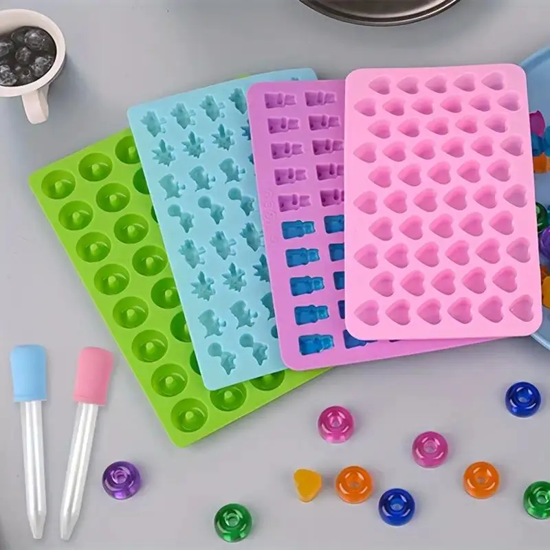 4pcs Non-stick Silicone Baking Molds - Gummy, Mini Donut Plate, Ice Cream Shapes with 2 Droppers for Home & Festive Party Cake Decorations, Gummy Mold