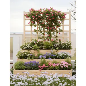 3-Tier Wooden Vertical Garden Bed with Trellis ,Multi-Level Planter for Climbing Plants Vegetables Herbs, Open Base for Drainage, Fir Wood Outdoor Box for Patio Yard