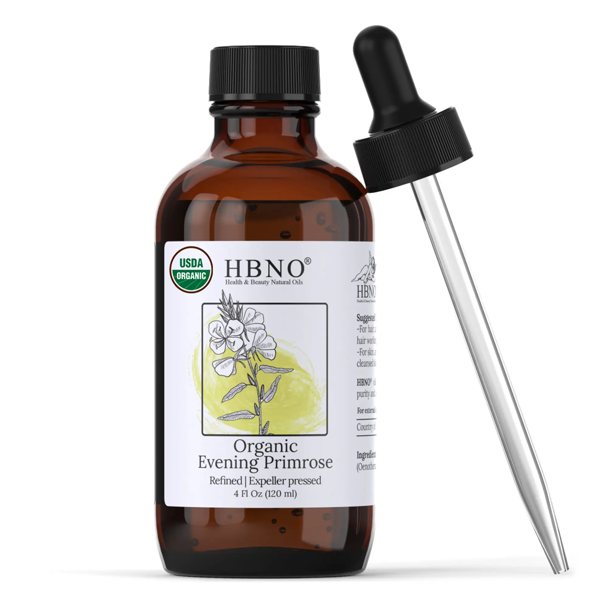 HBNO Organic Evening Primrose Carrier Oil - Cold-Pressed for Purity, Ideal for Skincare & Haircare, 4 Fl Oz, Earthy & Nutty Aroma, Natural Beauty Essential