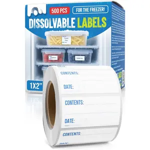 Dissolvable Freezer Labels - 500/Roll Blank Removable Labels for Containers,  Storage, Bottles, Jars, and Freezer Use (500, 1x2)