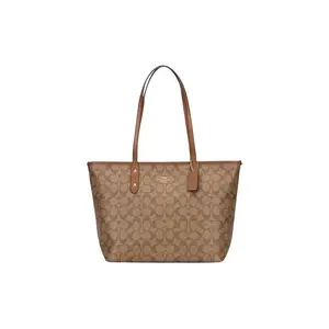 COACH City Zip Tote 30 Women's Vintage-Print Canvas and Leather Tote Bag in Khaki Monogram with Brown Straps