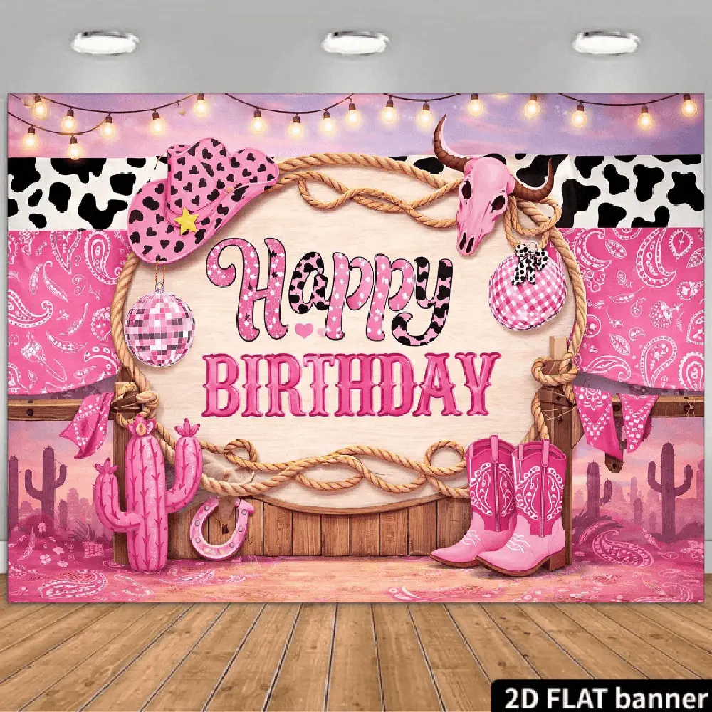 1PC,2D Flat Backdrop Western Cowgirl Birthday Backdrop, Pink Themed Party Decoration with Cactus, Cowboy Boots & Paisley Patterns, Ideal for Kids’ Birthday Party Scene Setting, Festival Decorative Banner for Party Background Wall