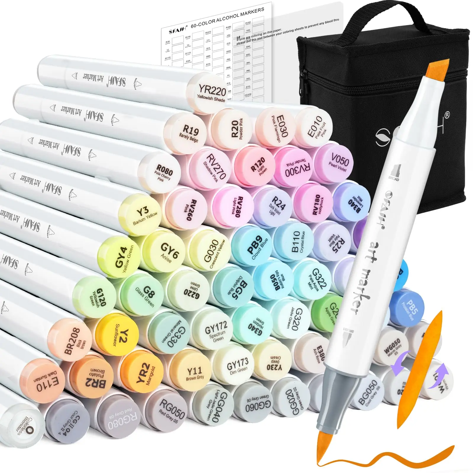 SFAIH Pastel Dual-Tip Alcohol Markers - 61 Colors Brush & Chisel Tips, Refillable Alcohol Inks, Colorless Blender for Artistic Use, Office Stationery Gift for Artists
