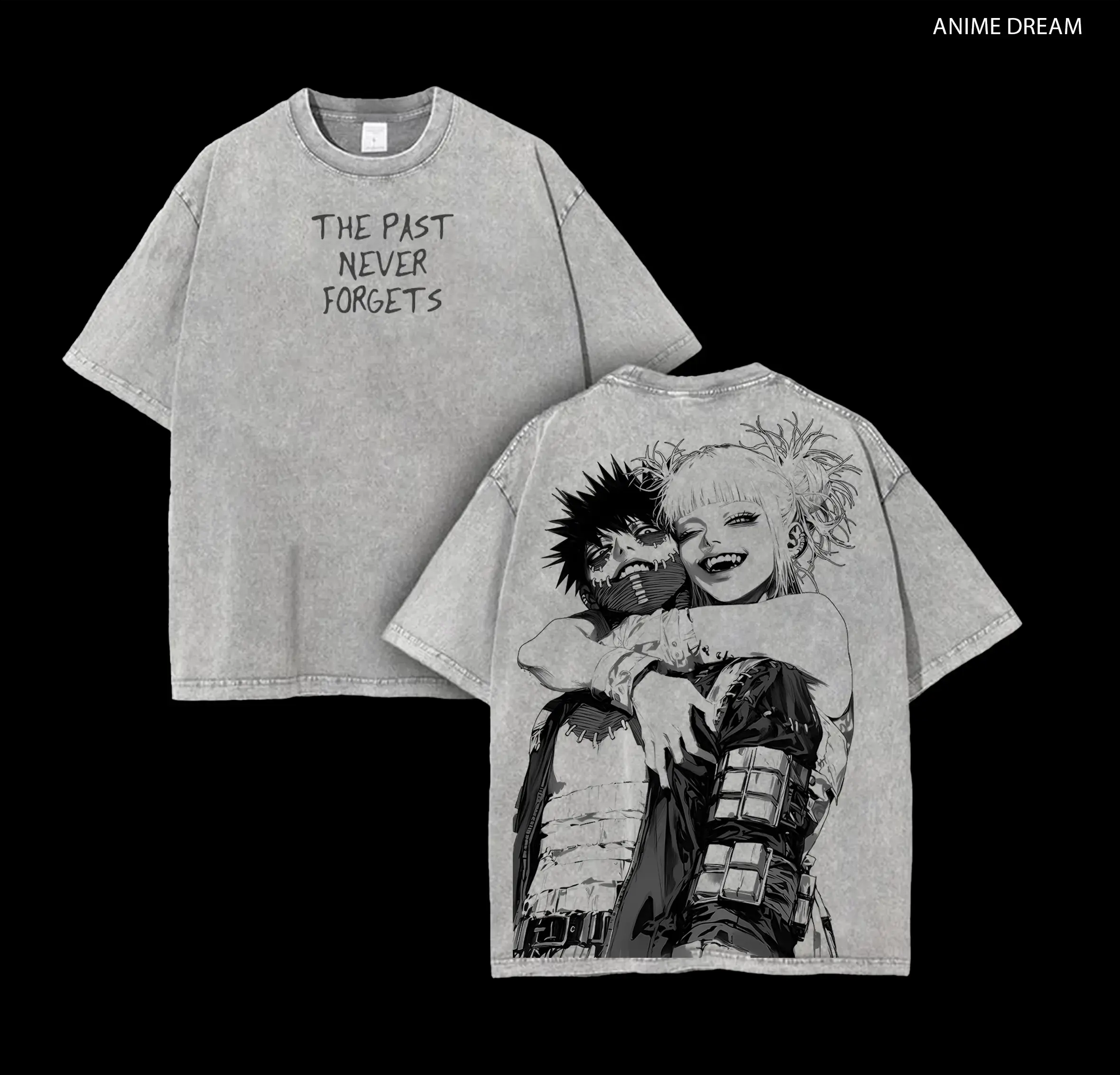 Women's Vintage Washed Dabi x Toga Graphic Short-Sleeve Tee, My Hero Academia Double-Printed Heavyweight Cotton Fabric Shirt, Aesthetic Baggy Loose Oversized Unisex Anime Manga Streetwear Top, Shortsleeve, Retro