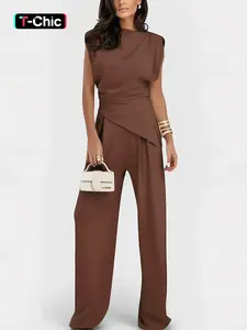 Women's Plain Elegant Asymmetrical Hem Sleeveless Top Long Pants Set, Stylish Casual for Daily Wear, Comfortable, Trendy and Slim