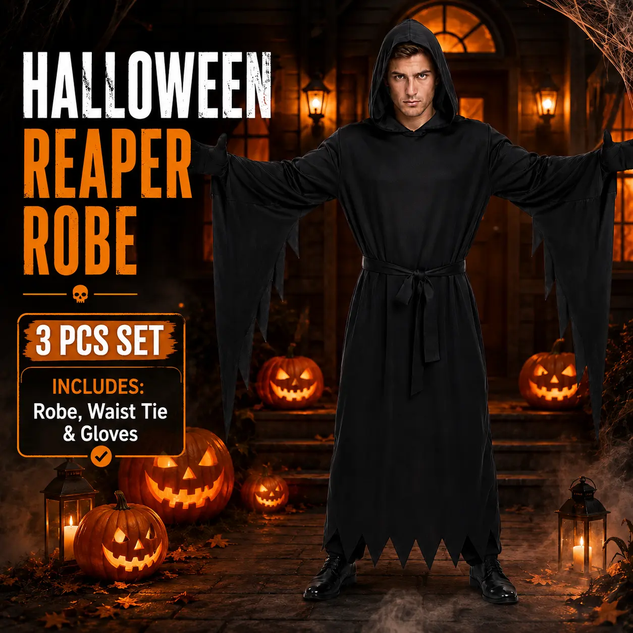 Tattered Grim Reaper Robe for Adults – Halloween Hooded Cloak Costume, Scary Party Outfit with Oversized Hood, Robe Only, No Mask