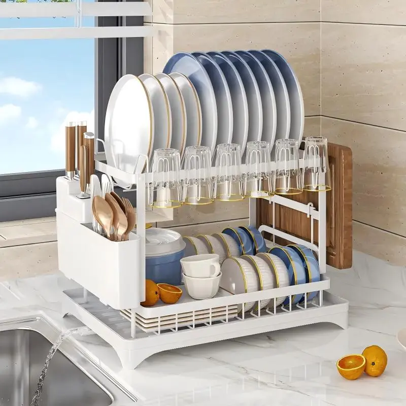 2 Tier Dish Drying Rack with Drainboard Iron Dish Drainers Kitchen Counter Sink with Adjustable Spout Utensil Holder Knife Slots dish dryer rack bowl Board Durable Rustproof easy to install  perfect size Great value sturdy classy Organiser movable summerv