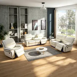 Modern Luxury Off-White Power Recliner Sofa, neat streamlined silhouette, soft skin-friendly bonded leather, ideal for large family houses and upscale apartments.