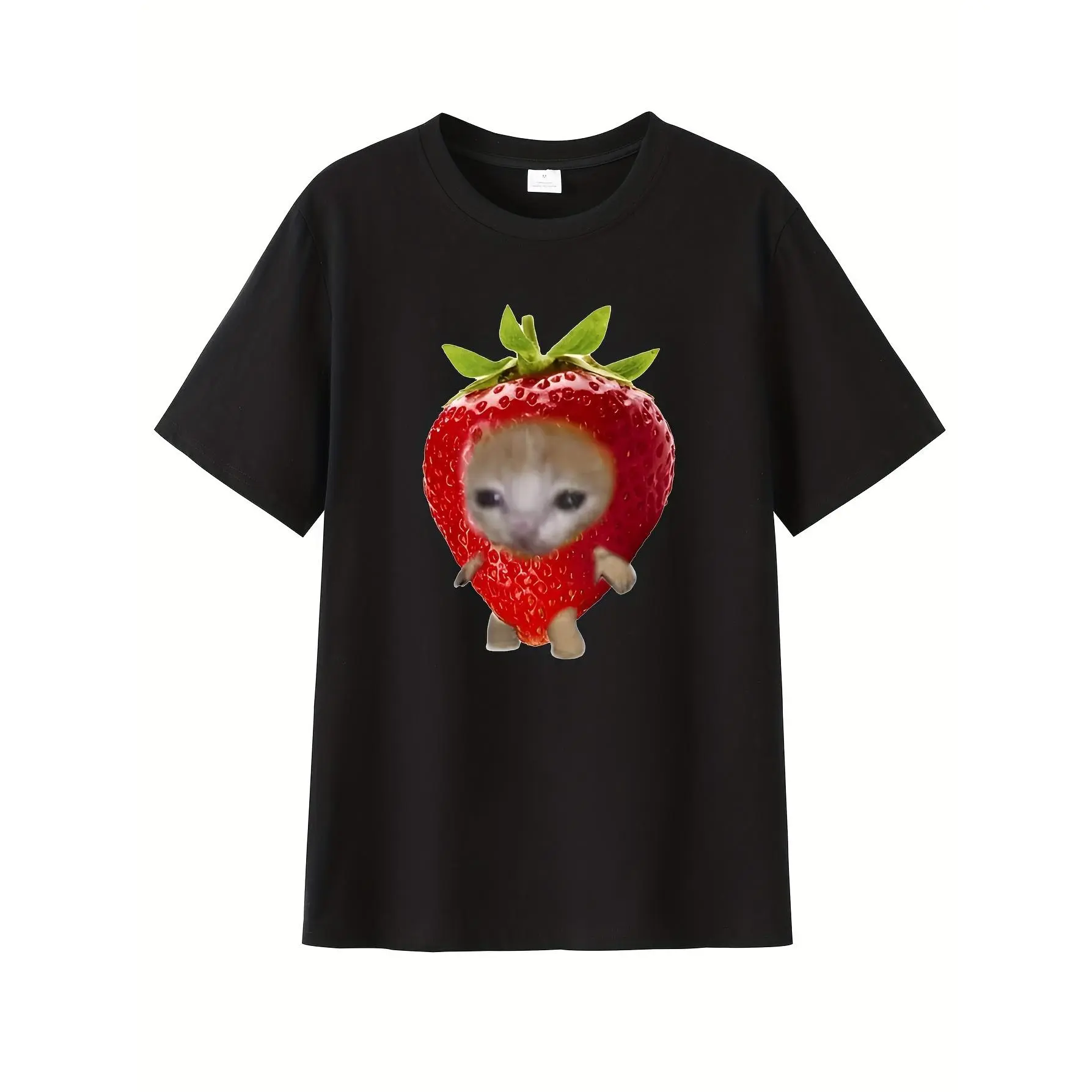 Cute Strawberry Cat Pattern T-shirt-Casual Summer Style, round Neck, Pure Cotton, Rib Detail, Light 180G/Square Meter, Cartoon Animal Print, Strawberry Theme Goods Womenswear Printed