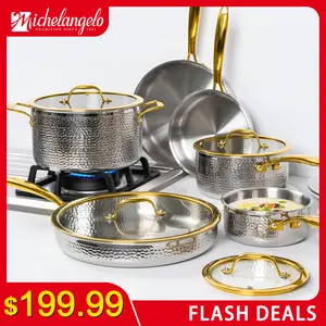 Michelangelo Triply Stainless Steel Pots and Pans Set, 10-Piece Hammered Stainless Steel Cookware Set with Golden Handle, Premium Induction Kitchen Cookware, Oven Safe