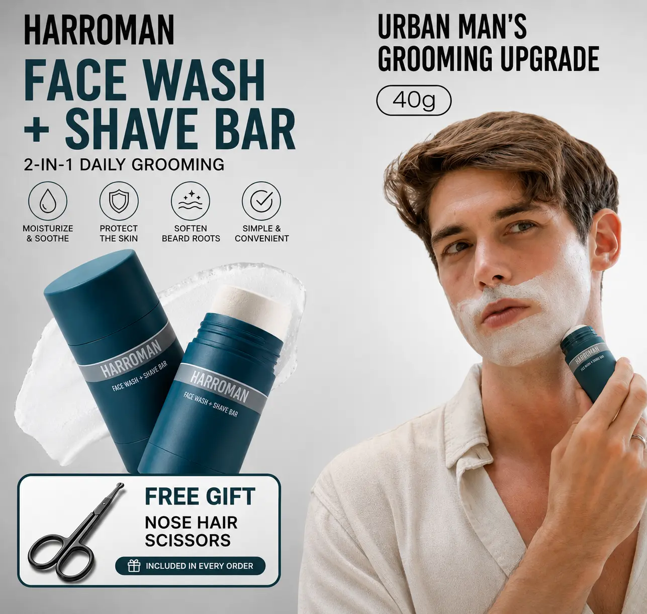 HARROMAN Facial Cleansing Shaving Stick | 2-in-1 Cleanser & Shaving Bar | Softens Beard Roots, Protects Skin, Moisturizes & Soothes | Fresh Men’s Ocean Fragrance | Infused with Menthol & Avocado Fruit Oil | 40g Each