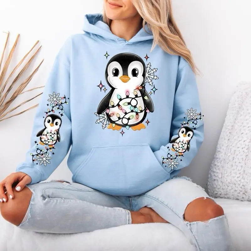 Tangled up Penguin Gildan hooded Sweatshirt with Sleeve design hoodie unisex sizing womenswear comfortable soft Casual Pullover Tops Fabric Pocket Mint Green Green Spandex Cotton Fit winter Christmas hoodie
