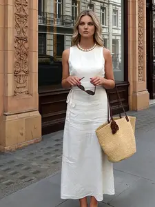 A women's white round-neck sleeveless lace-up waist-cinching slimming long dress, suitable for summer, suitable for casual commuting afternoon tea, etc.
