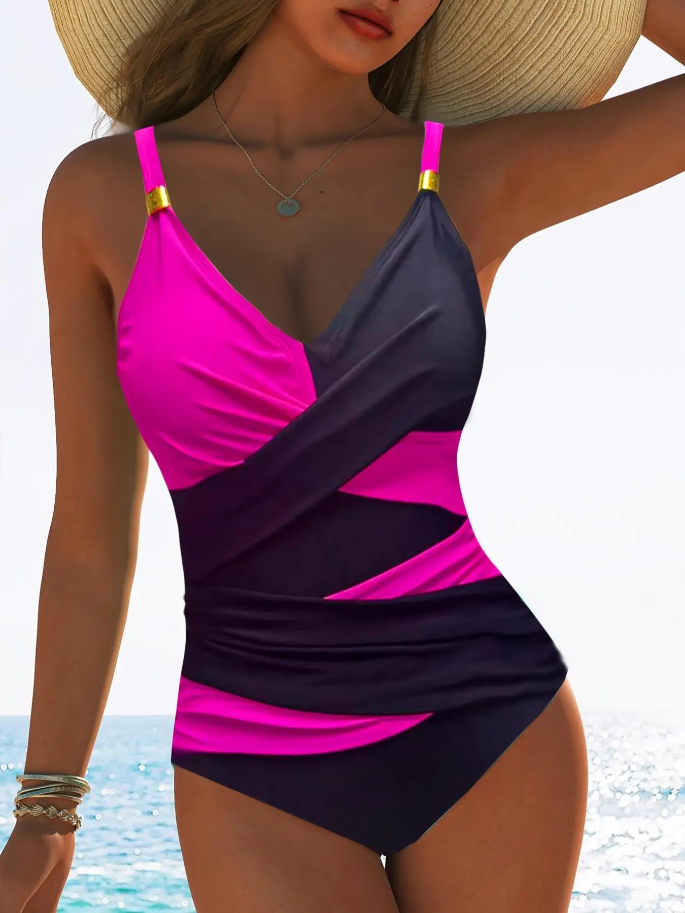 Women's Colorblock Cross Over V Neck One-piece Swimsuit, Casual Sleeveless Swimwearfor Beach Holiday Vacation, Ladies Swimsuitfor All Seasons, Color Block Swimsuits