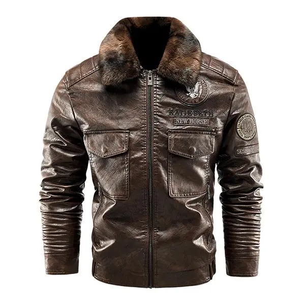 Men’s brown faux leather jacket with a distressed look and a fur collar, featuring sleeve patches and chest badge decorations; windproof, thick leather material suitable for cycling, hiking, and everyday commuting.