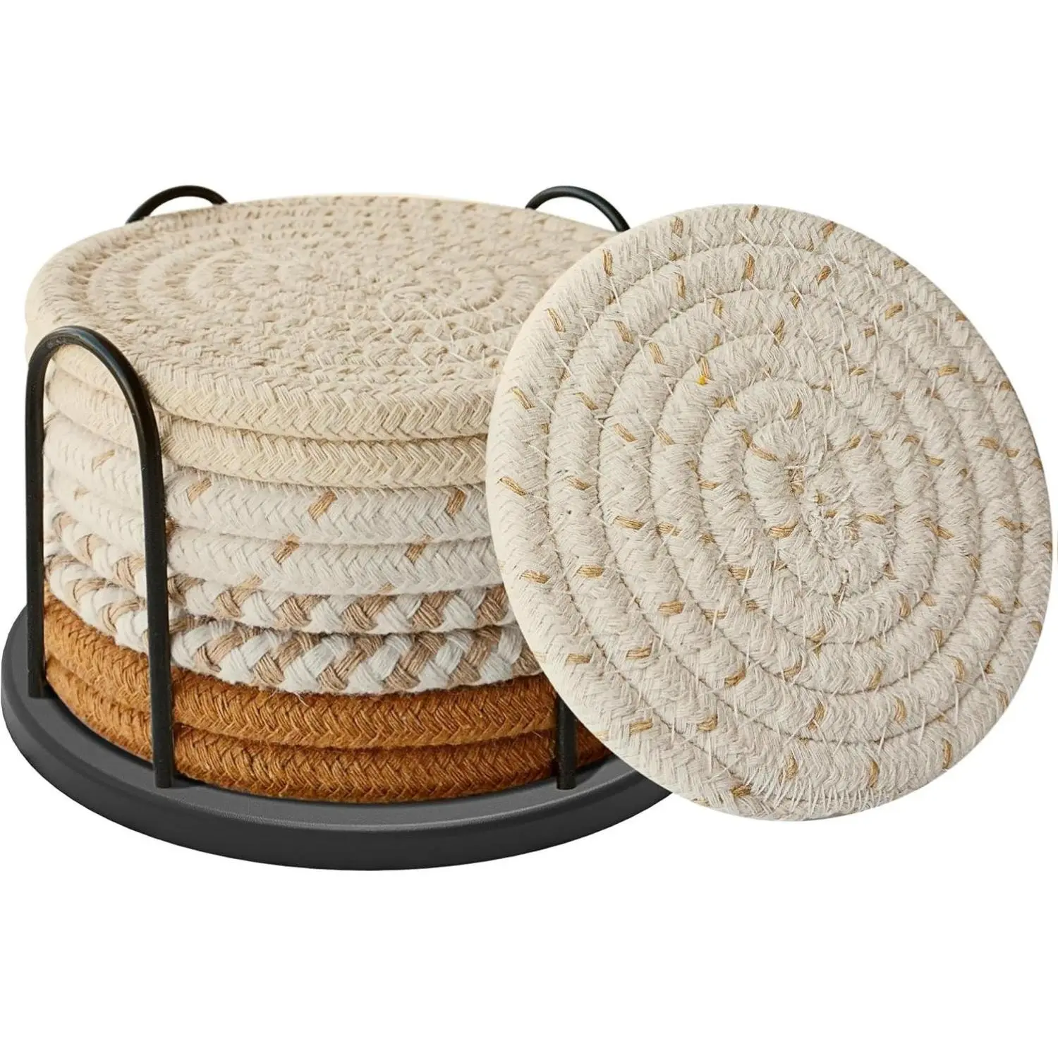 8-Piece Absorbent Coasters with Holder, Cotton Woven Boho Style Coasters for Drinks, Home Decor Tabletop Protection, Suitable for Various Cups