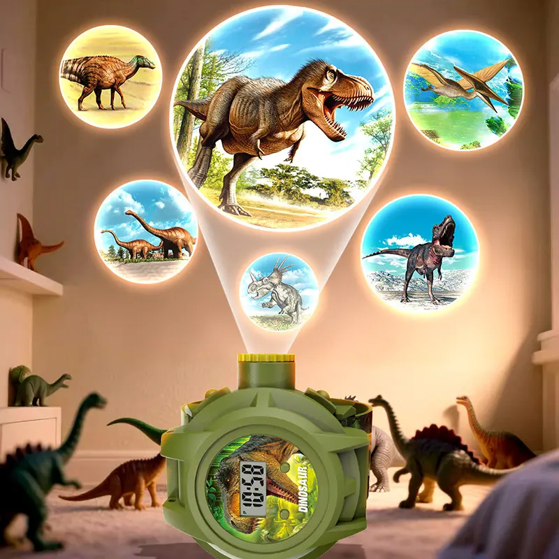 3-in-1 Kids 3D Dinosaur Projection Watch - Flip Cover Interactive Educational Device with LED Lights, Time-Teaching Function, Learning Materials, Holiday Bedtime Gift for 3-4 Years Old Children