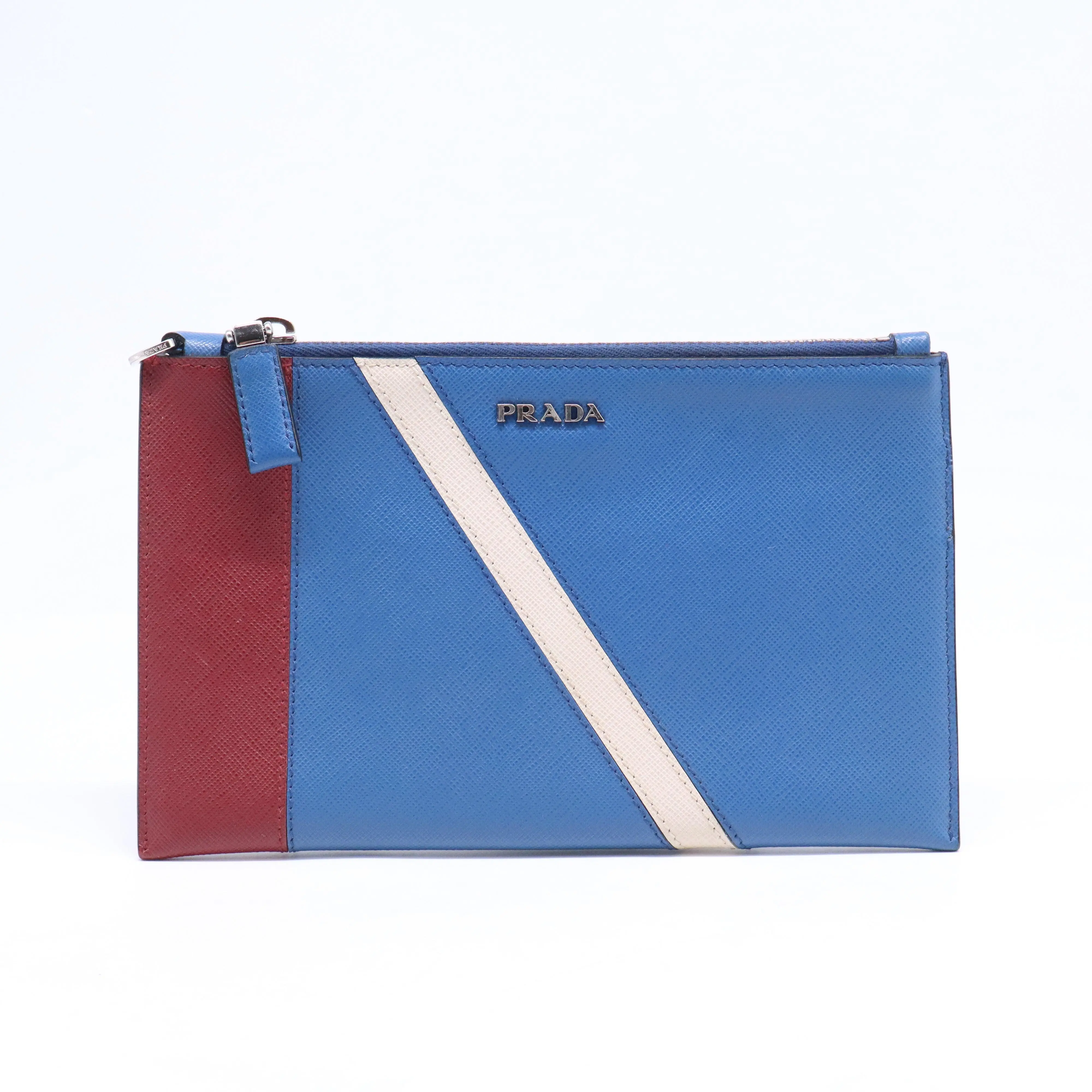 Pre-owned PRADA leather Small Leather Goods Tricolor Saffiano Zip Flat Pouch W21199