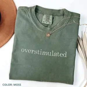 Embroidered Comfort Colors  Overstimulated , Funny Minimal Embroidery Crewneck, Cozy Unisex Gift for Moms
