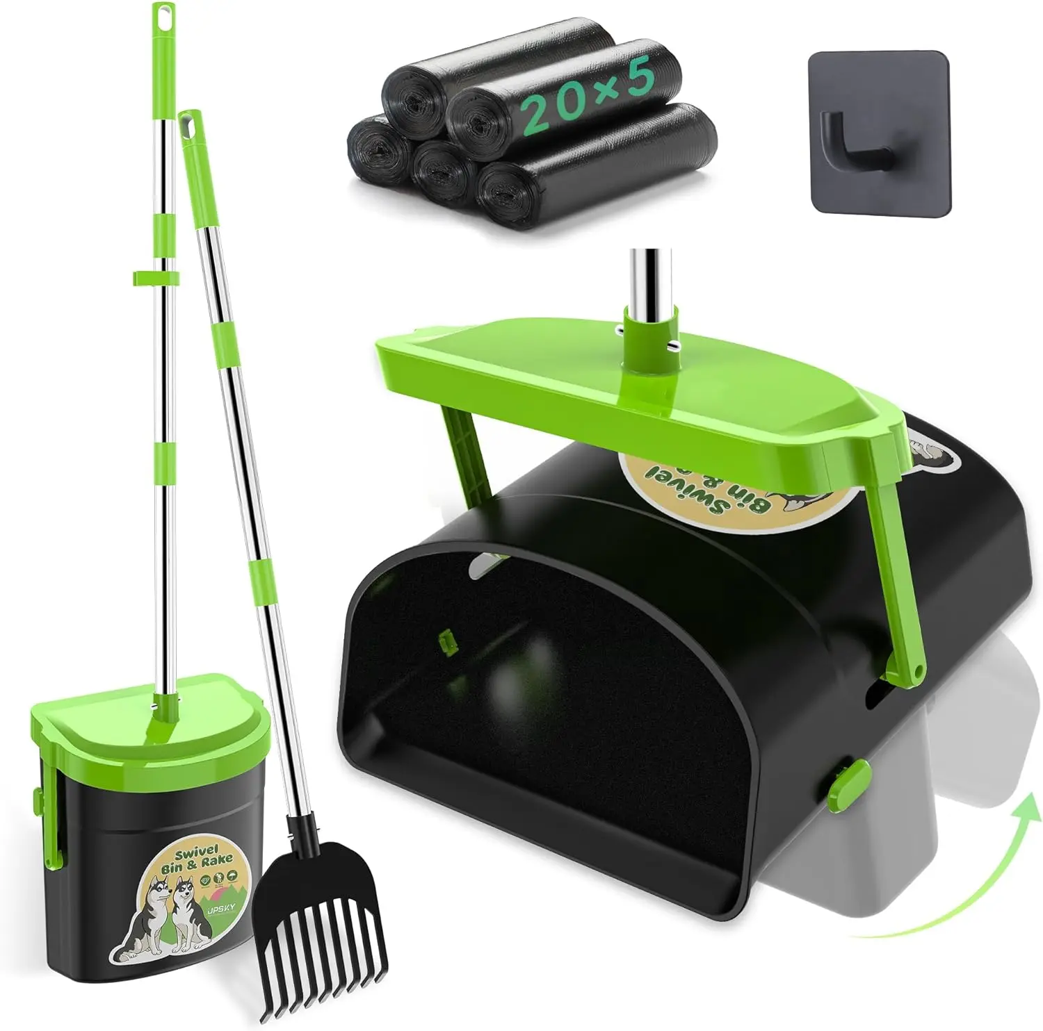 Dog Pooper Scooper with Swivel Bin & Rake, 100 Waste Bags, Attachment, 33.4 Inch Adjustable Ergonomic Metal Pole Handle, Hook, Orange Color, Black Base for Daily Use