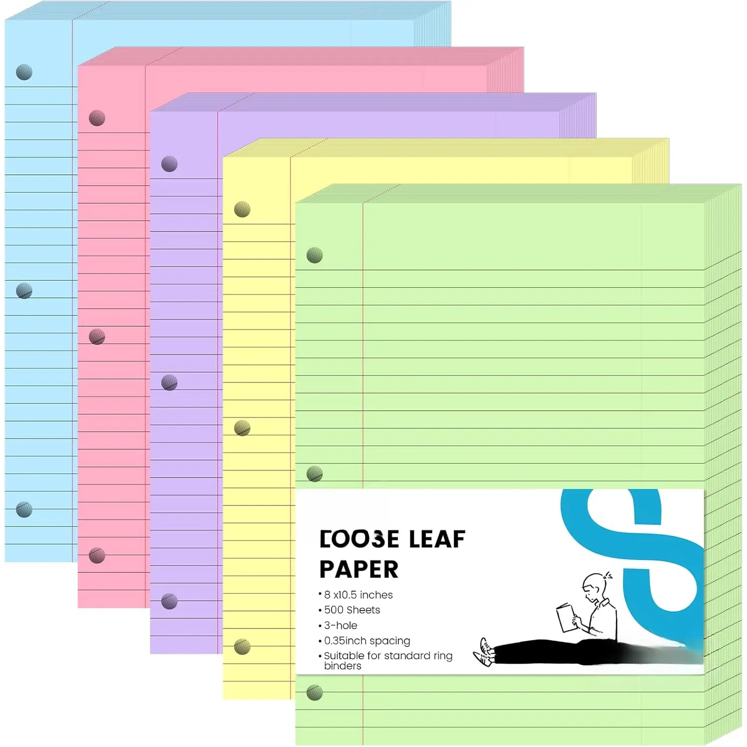 Wide-Ruled Colored Unbound Loose Leaf Paper, 500 Sheets 3-Hole Punched Refillable Inner Pages for A4 Notebooks & A4 Binders, Stationery Supplies with Manufacturer Warranty for Students