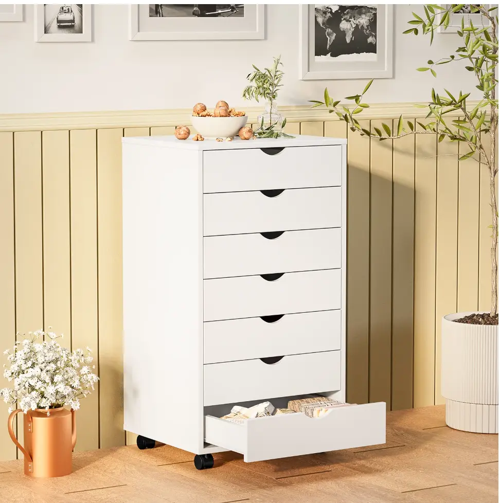 7-Drawer Portable Storage Cabinet on Wheels for Office, Bedroom & Home Organization, White