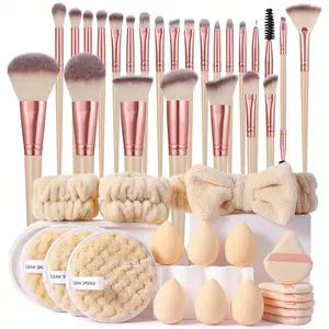 43PCS All-in-One Makeup Tools Set, 25PCS Professional Makeup Brushes, Makeup Sponges, Triangle Powder Puffs, Facial Cleansing Sponges, Hairband and Hand Bowl Straps, Portable Daily Travel Beauty Kit for Women