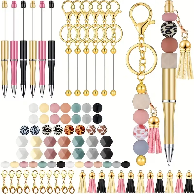 49pcs Beaded Keychain Making Set Includes 2pcs Golden Keychain, Plastic Beaded Pen With 4 Colorful Beads, 25pcs Silicone Beads, 12pcs Tassel And 6pcs Lobster Clasp For DIY Pen Keychain Pendant Making Kit Keychain Hooks DIY Keychains