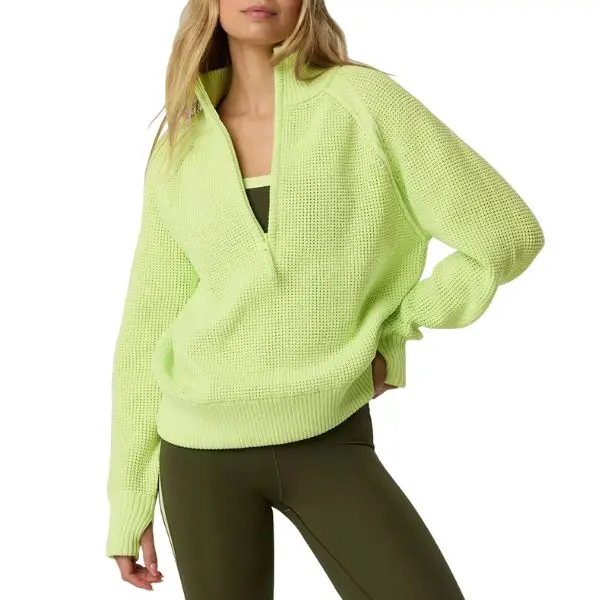 Fisoew Womens Quarter Zip Pullover Sweaters Waffle Knit Long Sleeve Tops | Thumb Hole, Collared, Half Zip, Casual, Ribbed Sweatshirts, Loose Fit, V-neck, Fall Winter Fashion Outfits 2026, Jumper,clothes for back to school,first day of school outfits