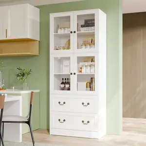 VOWNER 79'' Tall Modern Kitchen Pantry Storage Cabinet with 2 Drawers and 4 Glass Door for Living Room,Entryway,Bedroom Furniture Cupboard