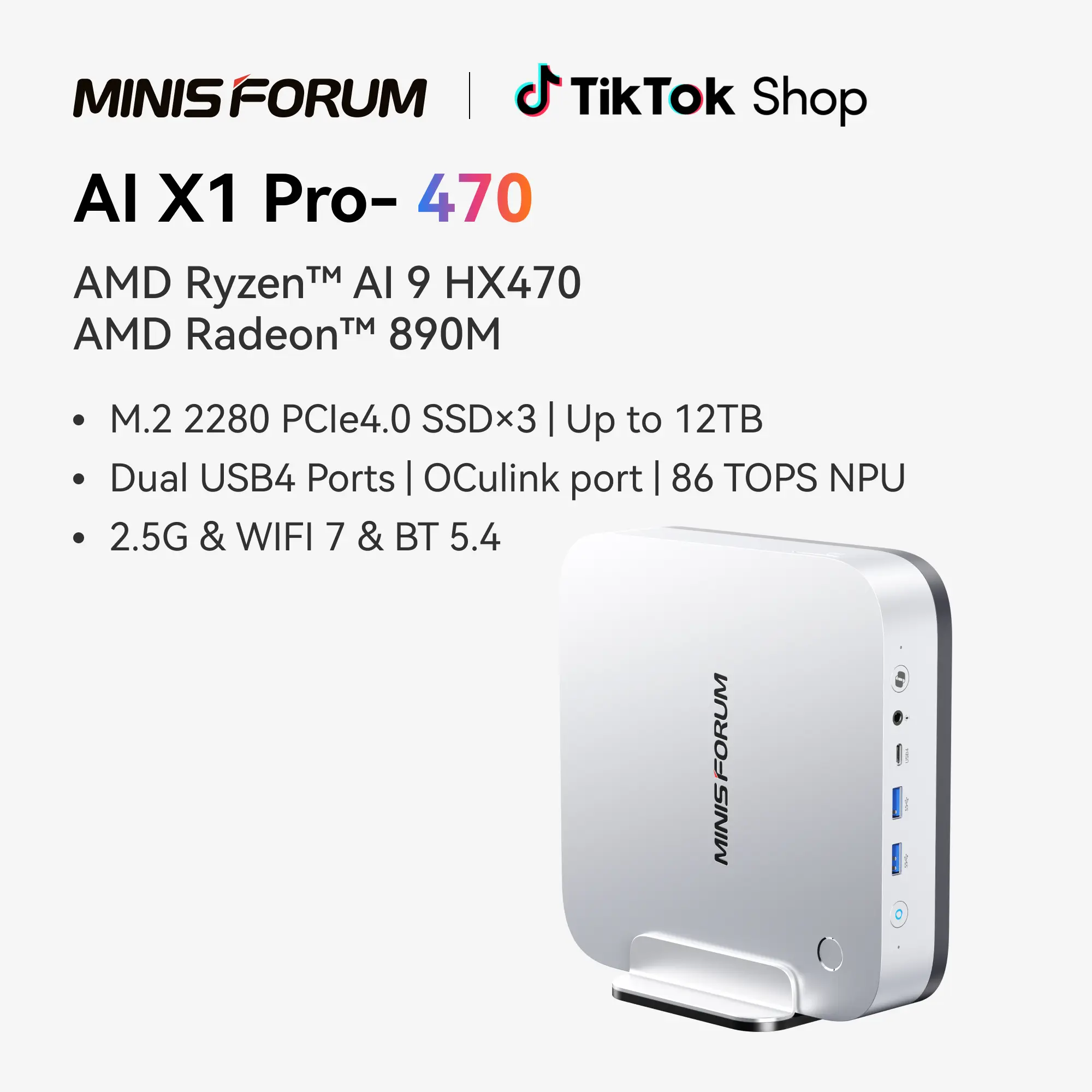 MINISFORUM AI X1 Pro-470 Mini PC, AMD Ryzen AI 9 HX470 (12C/24T, up to 5.2 GHz), Radeon 890M, 32 GB DDR5 RAM, 2 TB PCIe 4.0 SSD, 4K Quad-Display, Dual 2,5G LAN, Wi-Fi 7, Bluetooth 5.4, OCuLink